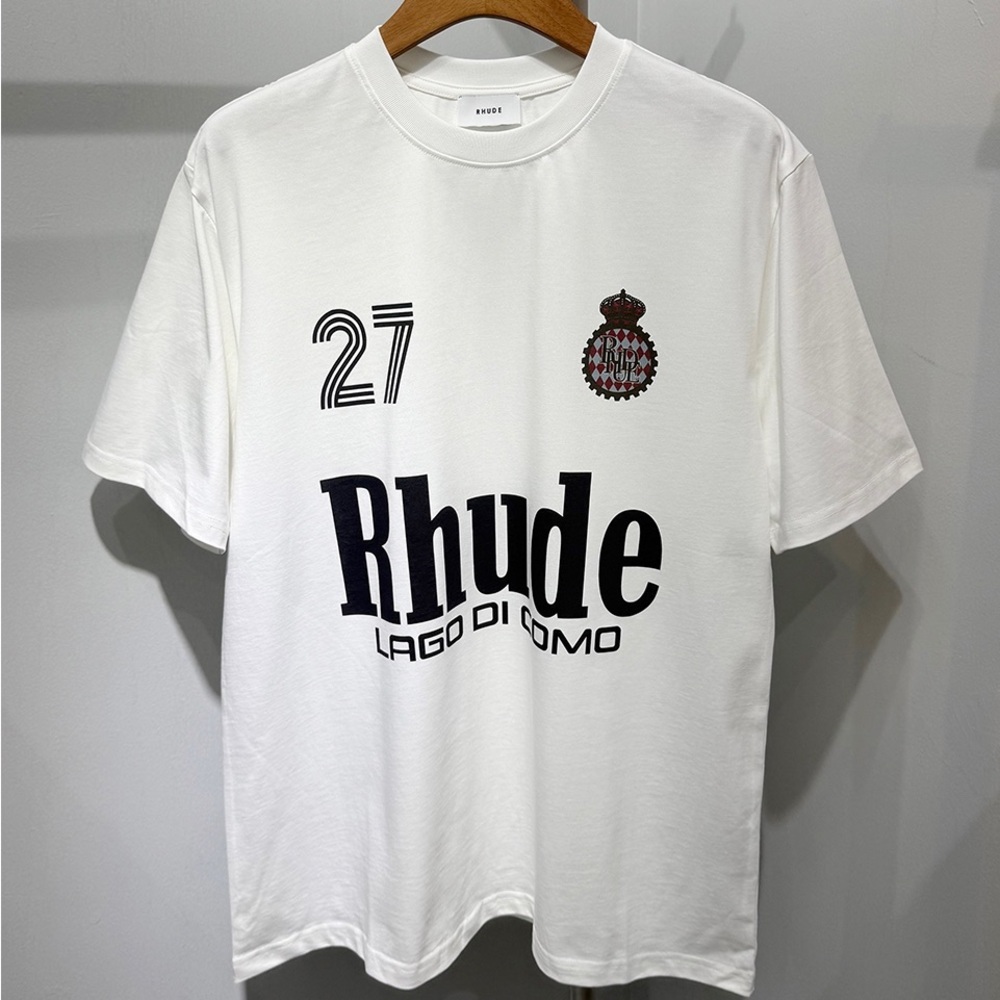 Rhude White T-Shirt with Black Logo and Crest
